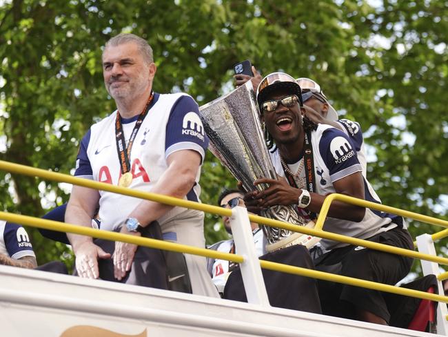 Tottenham Hotspur's Yves Bissouma strikes a cheeky pose next to Postecoglou. Picture: AP Photo