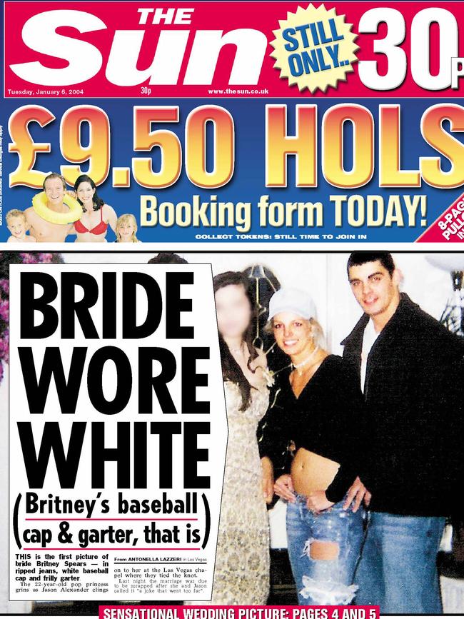 The front page of The Sun reporting Britney and Jason’s marriage in 2004. Picture: Supplied.