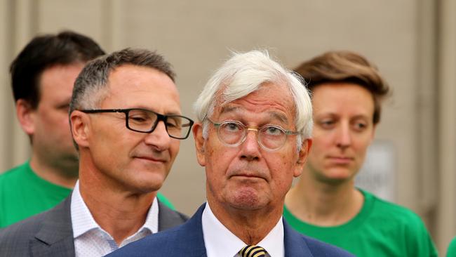 Newly-minted Greens candidate Julian Burnside (right) is shadowed by Greens leader Richard Di Natale. Picture: Stuart McEvoy