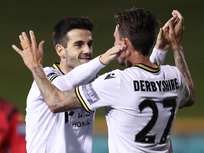 SYDNEY, AUSTRALIA - MAY 31:  Markel Susaeta of the Bulls (L) celebrates with Matt Derbyshire (R) after scoring a goal during the A-League match between Western United and Macarthur FC at Leichhardt Oval, on May 31, 2021, in Sydney, Australia. (Photo by Matt King/Getty Images)