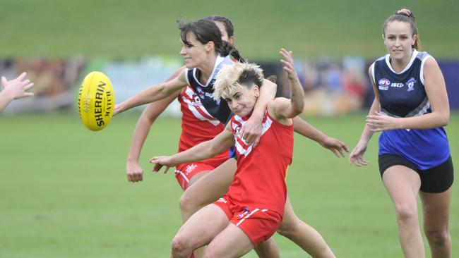 Action between the Northern Beaches Blues and Lismore Swans at the AFL North Coast pre-season festival of footy at C.ex Stadium. Photo: Tim Jarrett