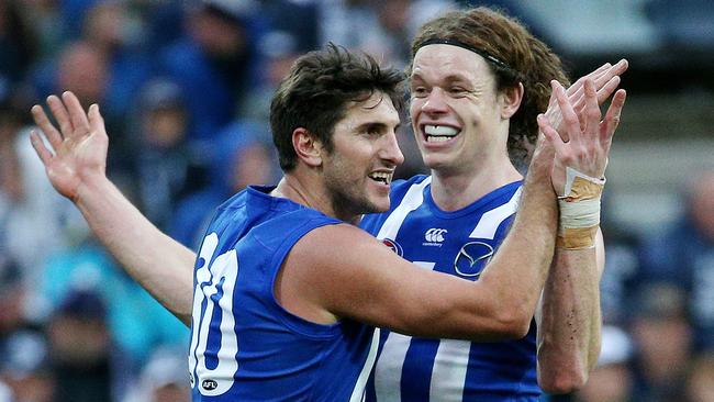 AFL Round 4 - Geelong v North Melbourne at Simonds Stadium.Jarrad Waite and Ben Brown celebrate a goal, 26th April 2015. Picture: Colleen Petch.