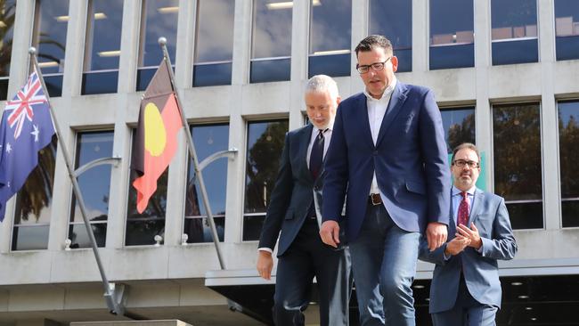 Victorian Premier Daniel Andrews faces the media in reaction to Labor Rorts Report, with Special Minister of State Gavin Jennings and Attorney-General Martin Pakula by his side. Picture: Alex Coppel.