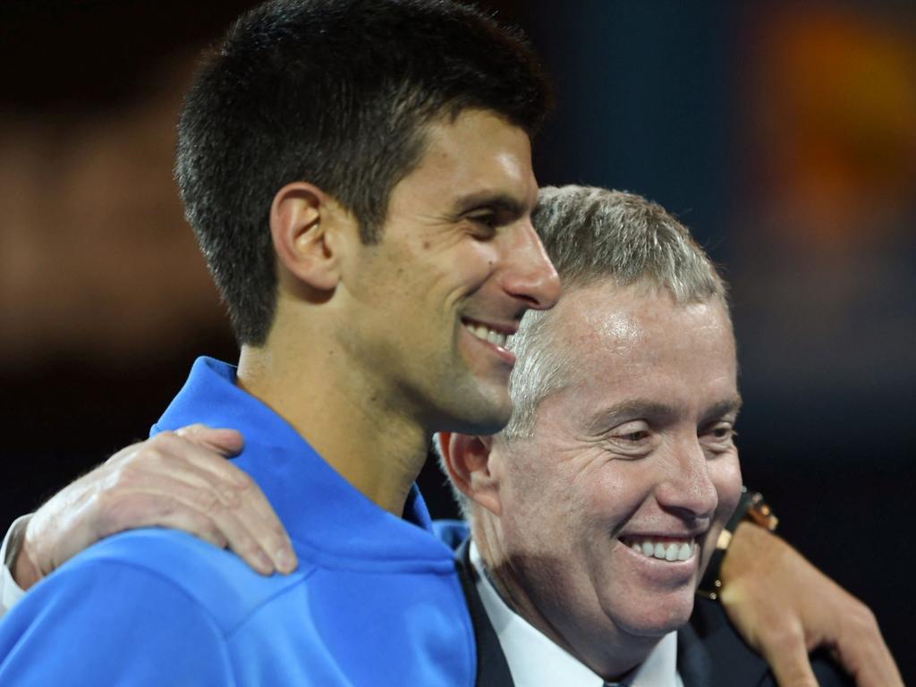 Novak Djokovic poses with tournament director Craig Tiley after the 2015 Australian Open. Picture: Greg Wood/AFP