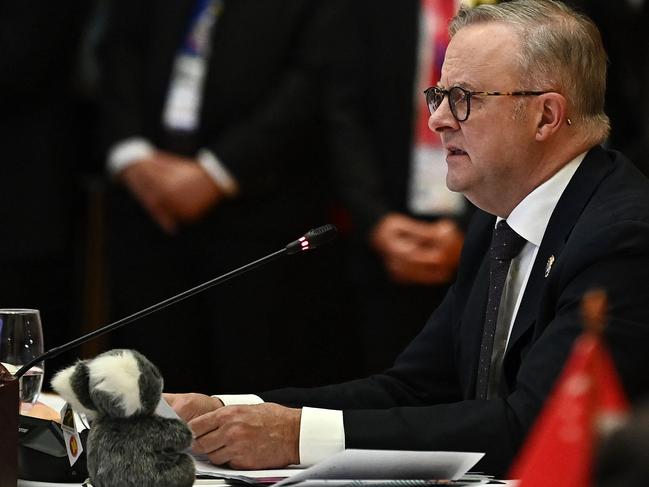 A Koala stuff toy sits on the table as Australia's Prime Minister Anthony Albanese addresses the 4th ASEAN-Australia Summit during the 44th and 45th Association of Southeast Asian Nations (ASEAN) Summits in Vientiane on October 10, 2024. (Photo by NHAC NGUYEN / AFP)