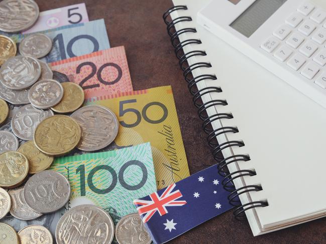 Australian money, AUD  calculator, and notebook