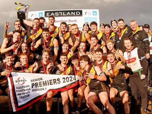 EFNL 2024: Mitcham celebrates back-to-back flags in Division 1. Picture: Leesa Clarkson