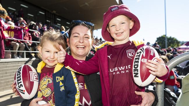 Kahlie Olzard with kids Ellie and Curtis Olzard at Queensland Maroons fan day at Toowoomba Sports Ground, Tuesday, June 18, 2024. Picture: Kevin Farmer