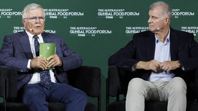 Hughes Pastoral CEO and Georgina Pastoral CEO Peter Hughes, left, with TRT Pastoral Group managing director Tim Roberts-Thomson at the Global Food Forum in Brisbane. Picture: Glenn Hunt