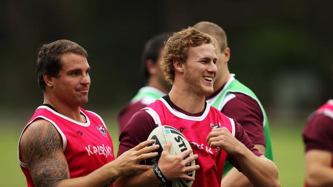 Anthony Watmough (L) and Daly Cherry-Evans during Manly Sea Eagles NRL team training session at Sydney Academy of Sport, Narrabeen in Sydney.