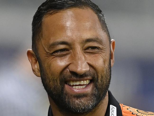 TOWNSVILLE, AUSTRALIA - MAY 24: Tigers coach Benji Marshall looks on before the start of the round 12 NRL match between North Queensland Cowboys and Wests Tigers at Qld Country Bank Stadium, on May 24, 2024, in Townsville, Australia. (Photo by Ian Hitchcock/Getty Images)