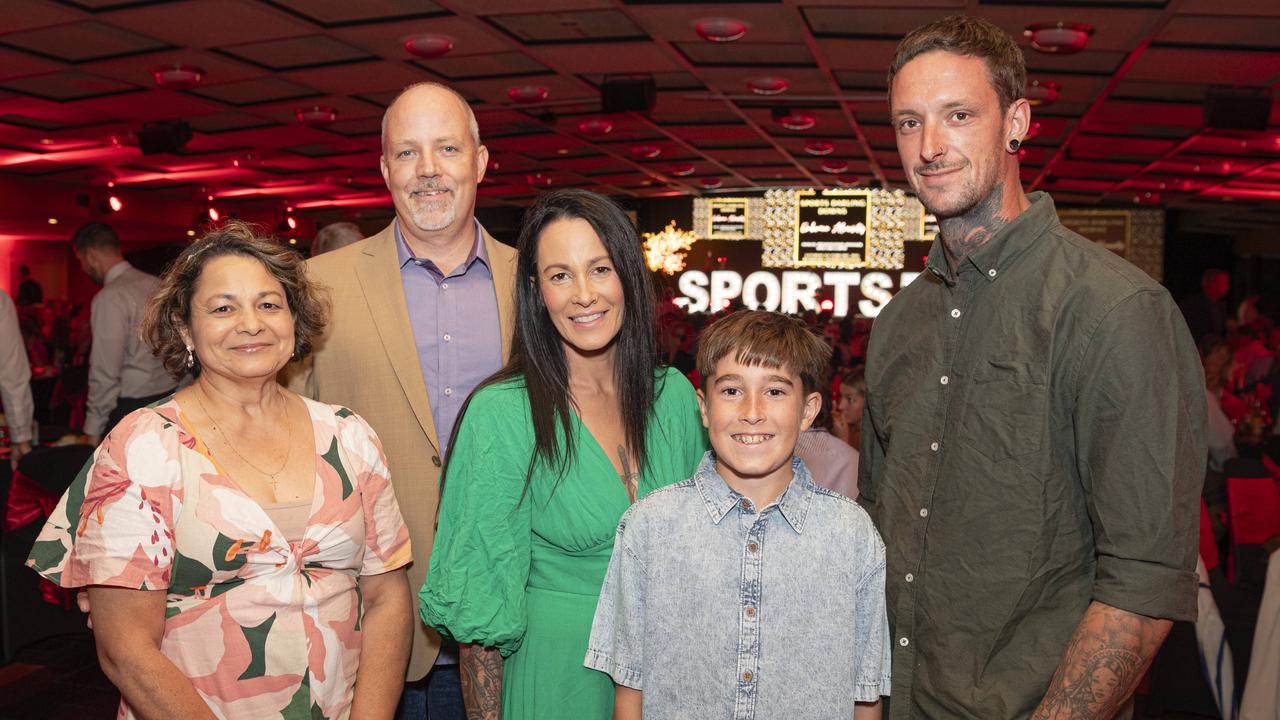 At Sports Darling Downs presentation dinner are (from left) Susan Boucher, Cameron Boucher, Rhyannon Ross, Odin Phillips and Adam Gibson at Rumours International, Saturday, February 1, 2025. Picture: Kevin Farmer