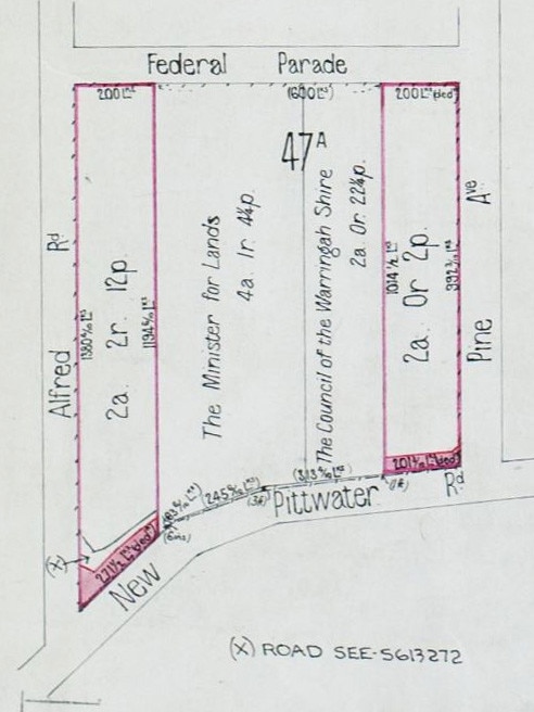 The two blocks of land, outlined in red, that George Try sold to Warringah Council in 1929, flanking the two blocks that his future wife, Jane Malcolm, had sold to the council and the Minister for Lands in 1911. Picture NSW Land Registry Services