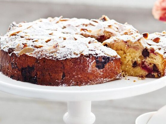 Raspberry, chocolate and almond tea cake.