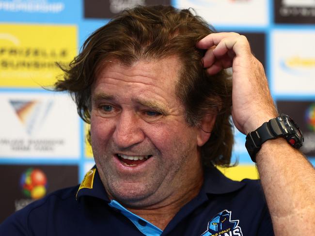 GOLD COAST, AUSTRALIA - MARCH 30: Des Hasler head coach of the Titans speaks to the media during the round four NRL match between Gold Coast Titans and Dolphins at Cbus Super Stadium, on March 30, 2024, in Gold Coast, Australia. (Photo by Chris Hyde/Getty Images)