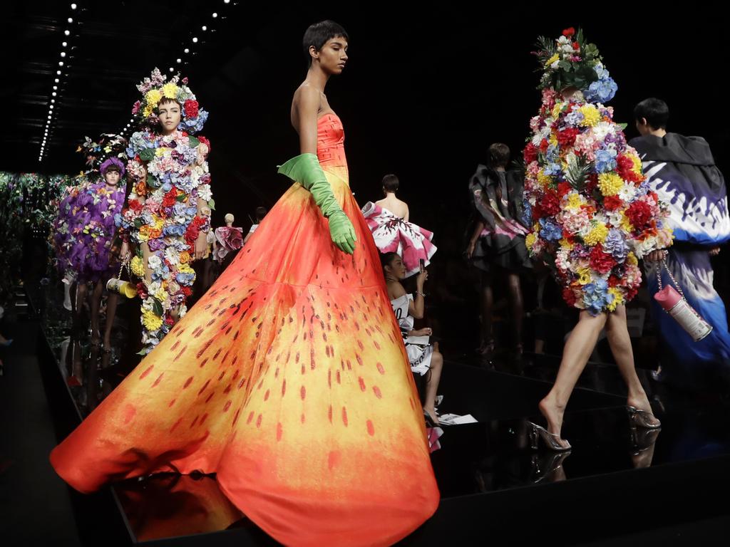 Models wear creations as part of the Moschino women’s Fall/Winter 2018/19 fashion collection. Picture: AP