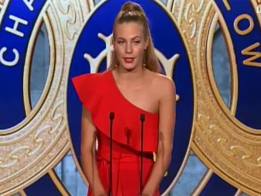 Matisse Stynes, daughter of the late Jim Stynes at the 2017 Brownlow. Picture: Channel 7