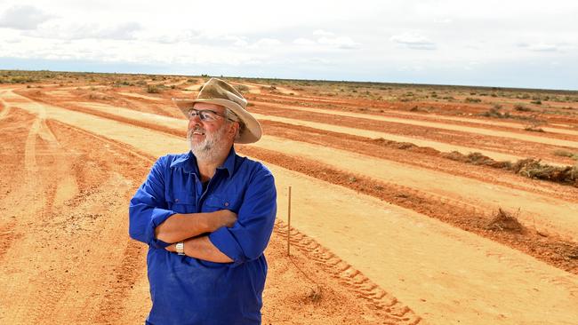 Marree Hotel owner Phil Turner at the site of the Marree man where he helped restore the artwork. Picture: Tom Huntley