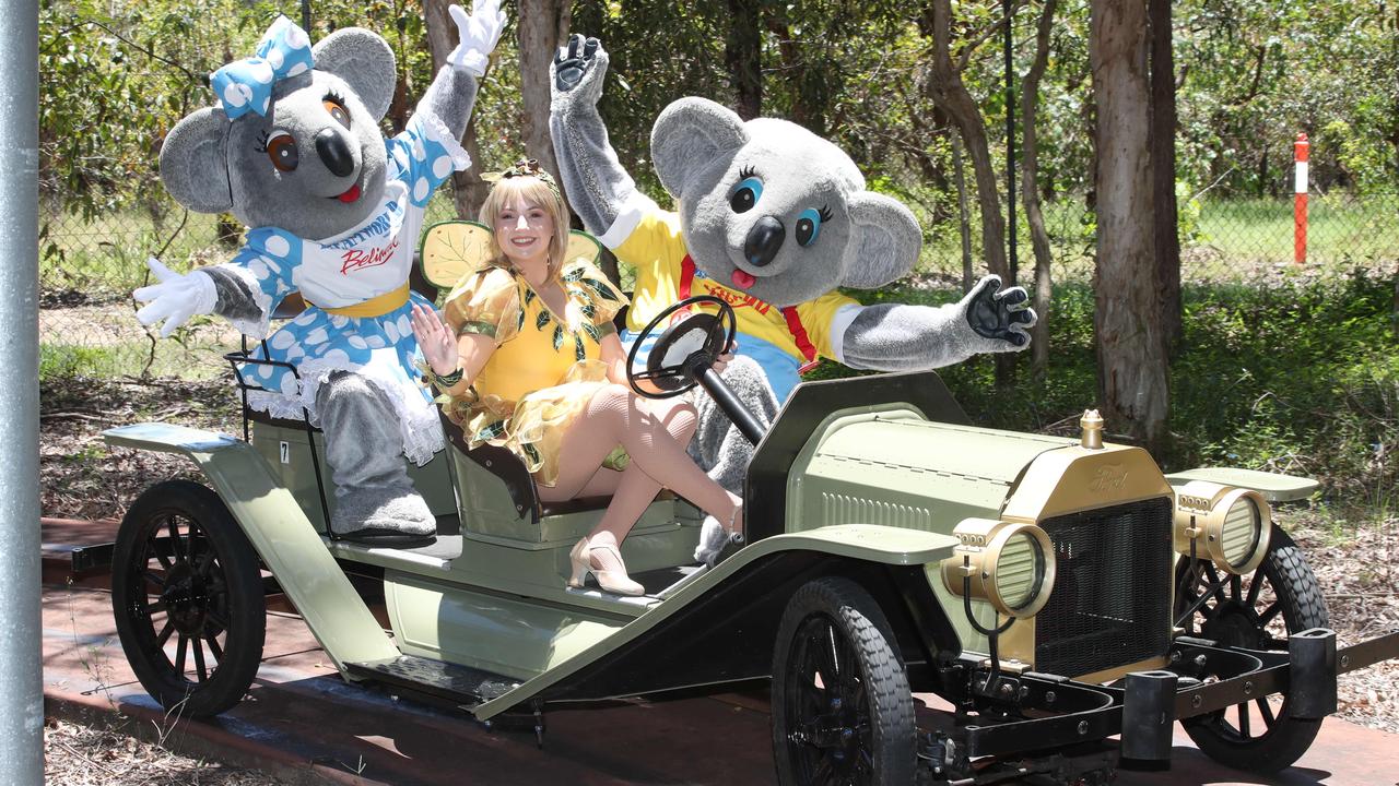 Cooee the Gumnut Fairy drives Kenny and Belinda Koala in the old Model T cars at Dreamworld. was the theme park celebrates its 40th anniversary Picture Glenn Hampson