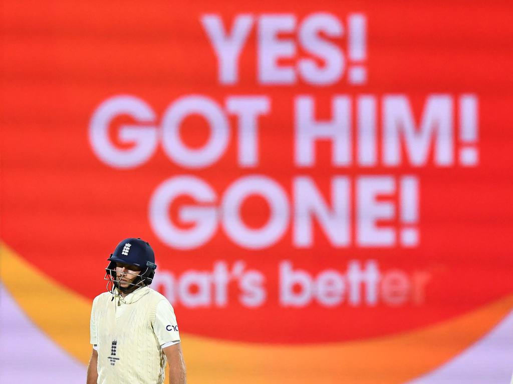 England batsman Joe Root walks off after being dismissed by Australia's Mitchell Starc. Picture: William West
