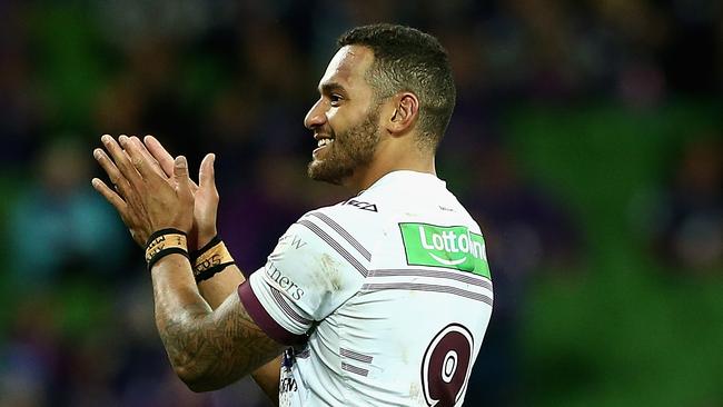 MELBOURNE, AUSTRALIA — MAY 19: Apisai Koroisau of the Manly Sea Eagles is sent off during the round 11 NRL match between the Melbourne Storm and the Manly Sea Eagles at AAMI Park on May 19, 2018 in Melbourne, Australia. (Photo by Robert Prezioso/Getty Images)