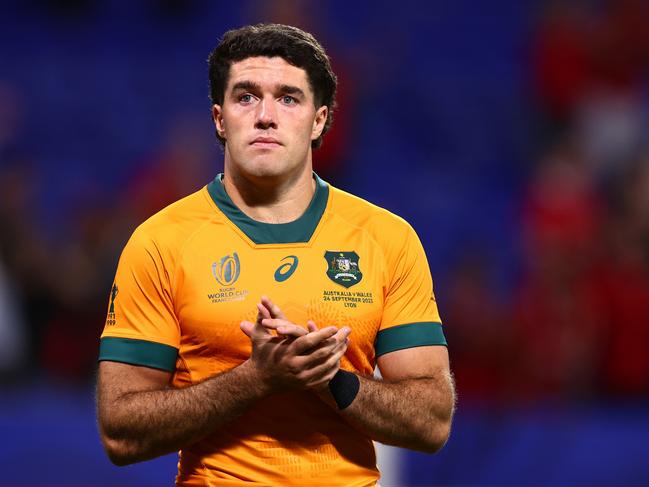 Ben Donaldson applauds the fans at full-time following the Rugby World Cup France 2023 match between Wales and Australia in Lyon. Picture: Chris Hyde/Getty Images.