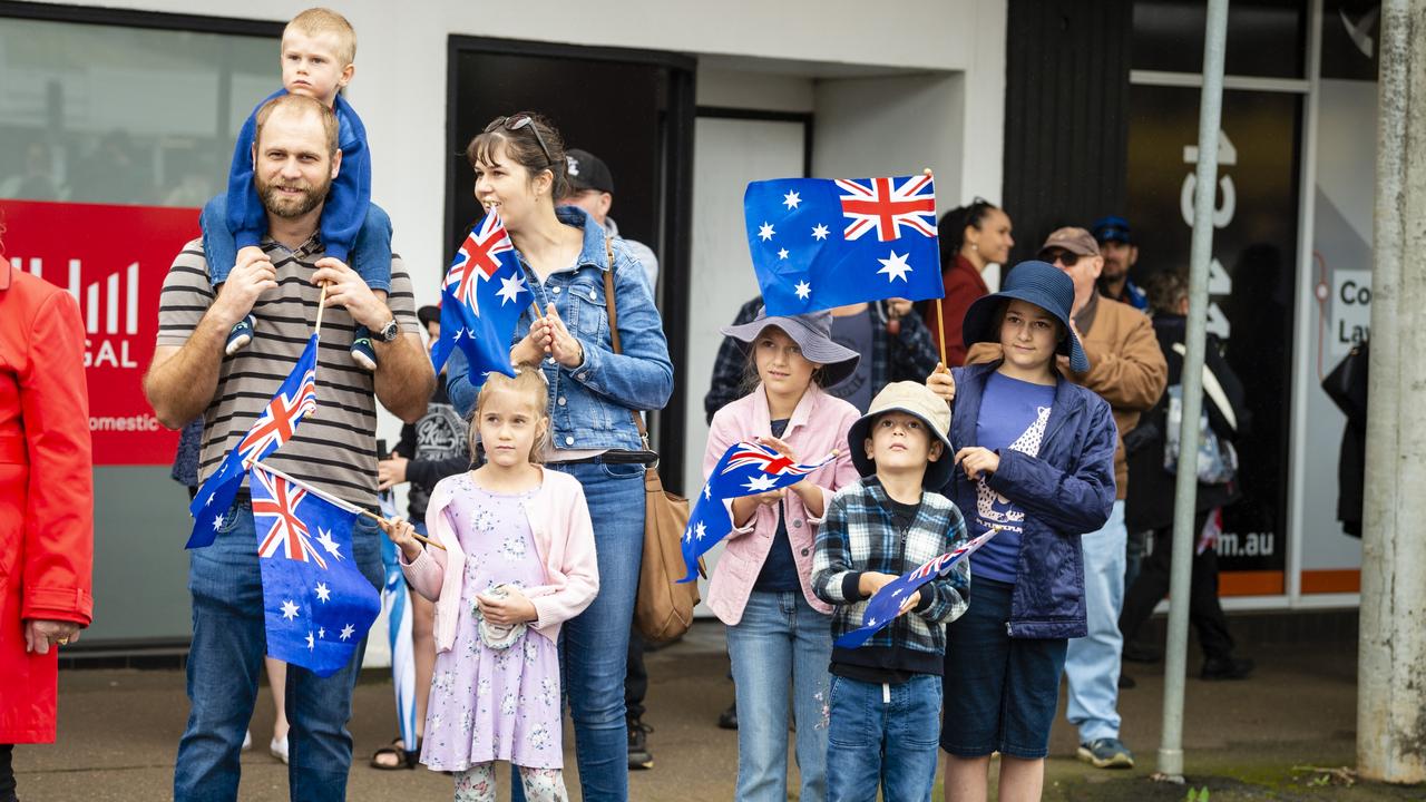 Stuart and Jane Sharp with their kids (from left) Timothy, Roxanne, Danielle, Marcus and Natasha during the Anzac Day morning march, Monday, April 25, 2022. Picture: Kevin Farmer