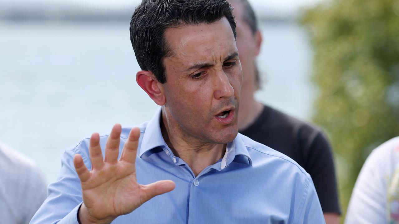 Opposition Leader David Crisafulli speaks to the media at Redland Bay on Saturday. Picture: Liam Kidston.