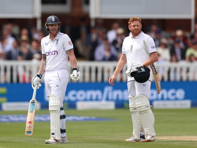 Ben Stokes and Jonny Bairstow react to Bairstow’s controversial stumping at Lord’s. Picture: Getty Images