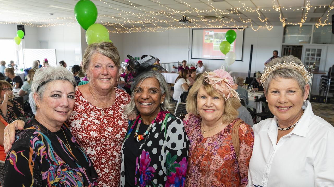 At the Melbourne Cup luncheon are (from left) Patty Holt, Bell Hayes, Judith Standen, Amanda Edwards and Gina Hawker at Club Toowoomba, Tuesday, November 1, 2022. Picture: Kevin Farmer