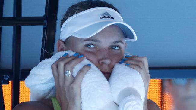 Caroline Wozniacki uses ice between game to stay cool during her 2nd-round match at the 2018 Australian Open. Picture: Michael Klein