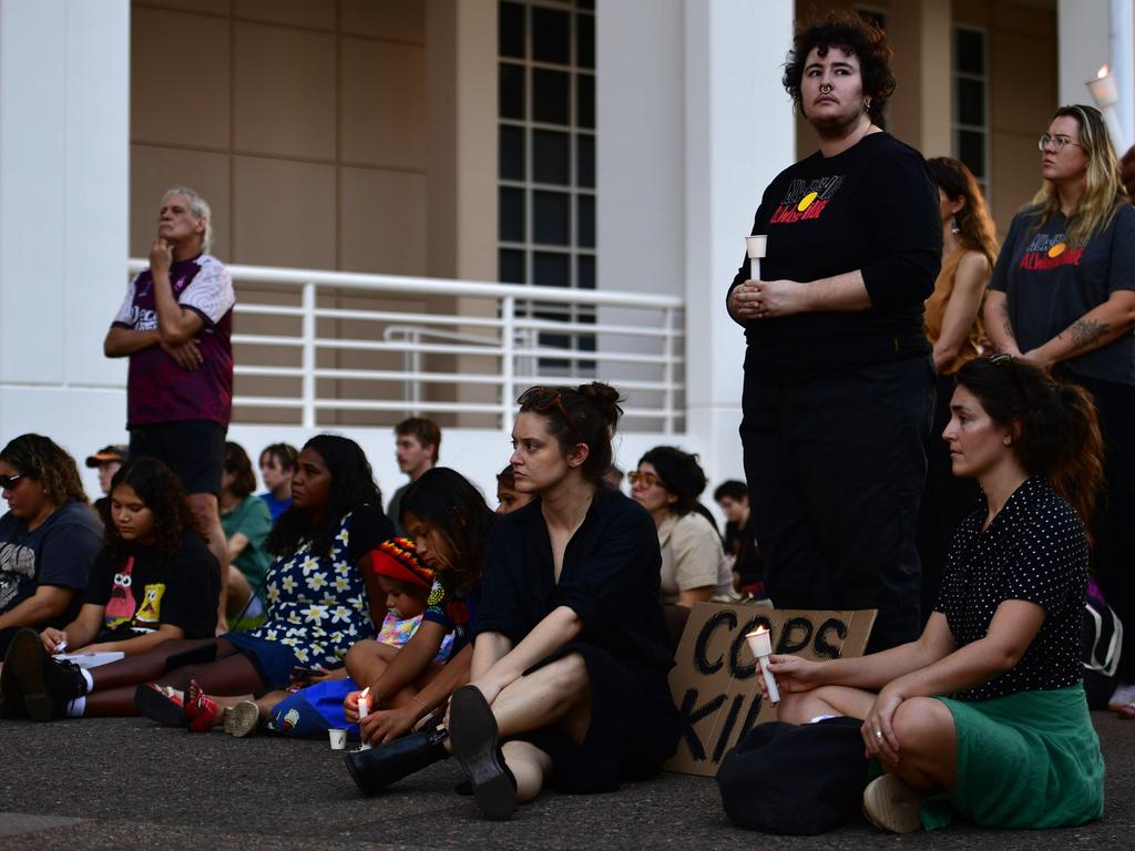Hundreds of Top End residents gathered outside the NT Parliament on Wednesday during a vigil for Kumanjayi White, a 24-year-old Warlpiri man with a disability who died after being restrained by police in the Alice Springs Coles. Picture: Zizi Averill
