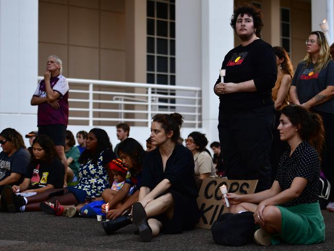 Hundreds of Top End residents gathered outside the NT Parliament on Wednesday during a vigil for Kumanjayi White, a 24-year-old Warlpiri man with a disability who died after being restrained by police in the Alice Springs Coles. Picture: Zizi Averill