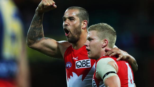 Lance Franklin celebrates a goal with Dan Hannebery. Picture: Phil Hillyard