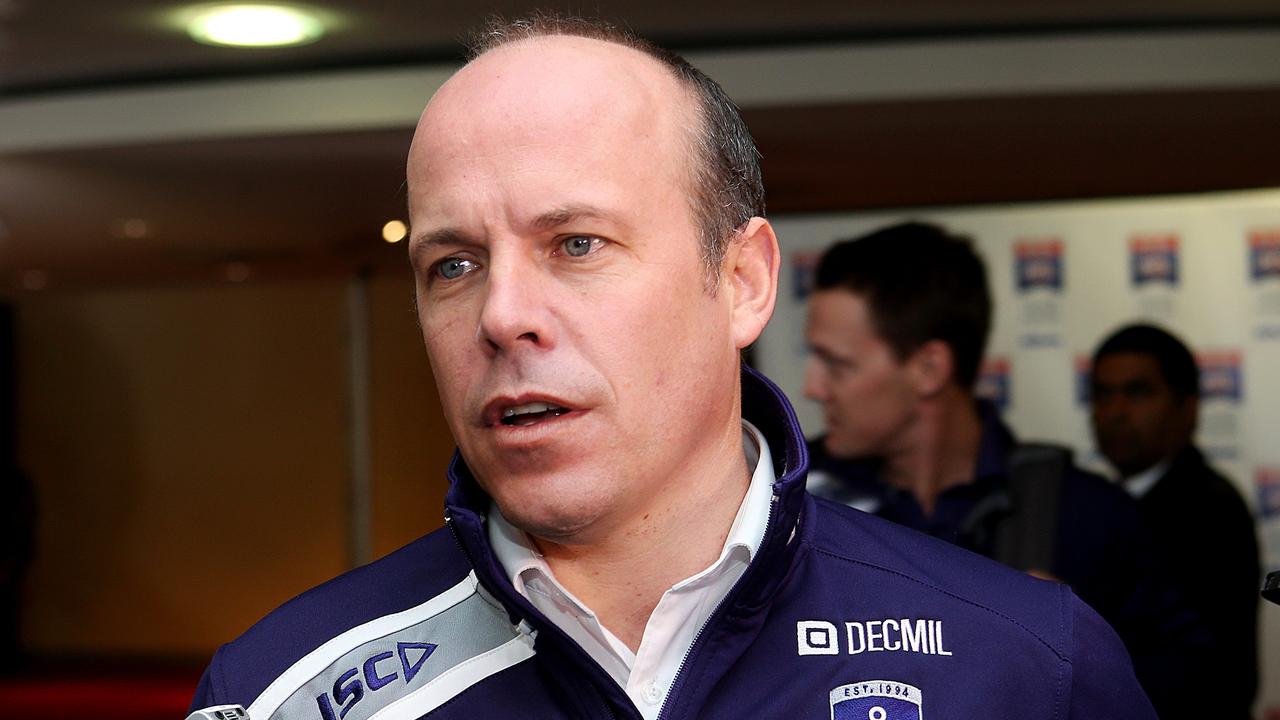 Fremantle Football Manager Chris Bond speaks to the waiting media after Day 1 of trade week. Photo: Ian Currie.