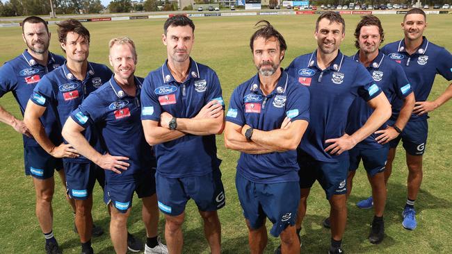 Geelong’s 2020 coaching team, which has by and large moved on. Matthew Scarlett, James Rahilly, Matthew Knights, Nigel Lappin, Corey Enright, Shane O'Bree and Shaun Grigg. Pic: Michael Klein