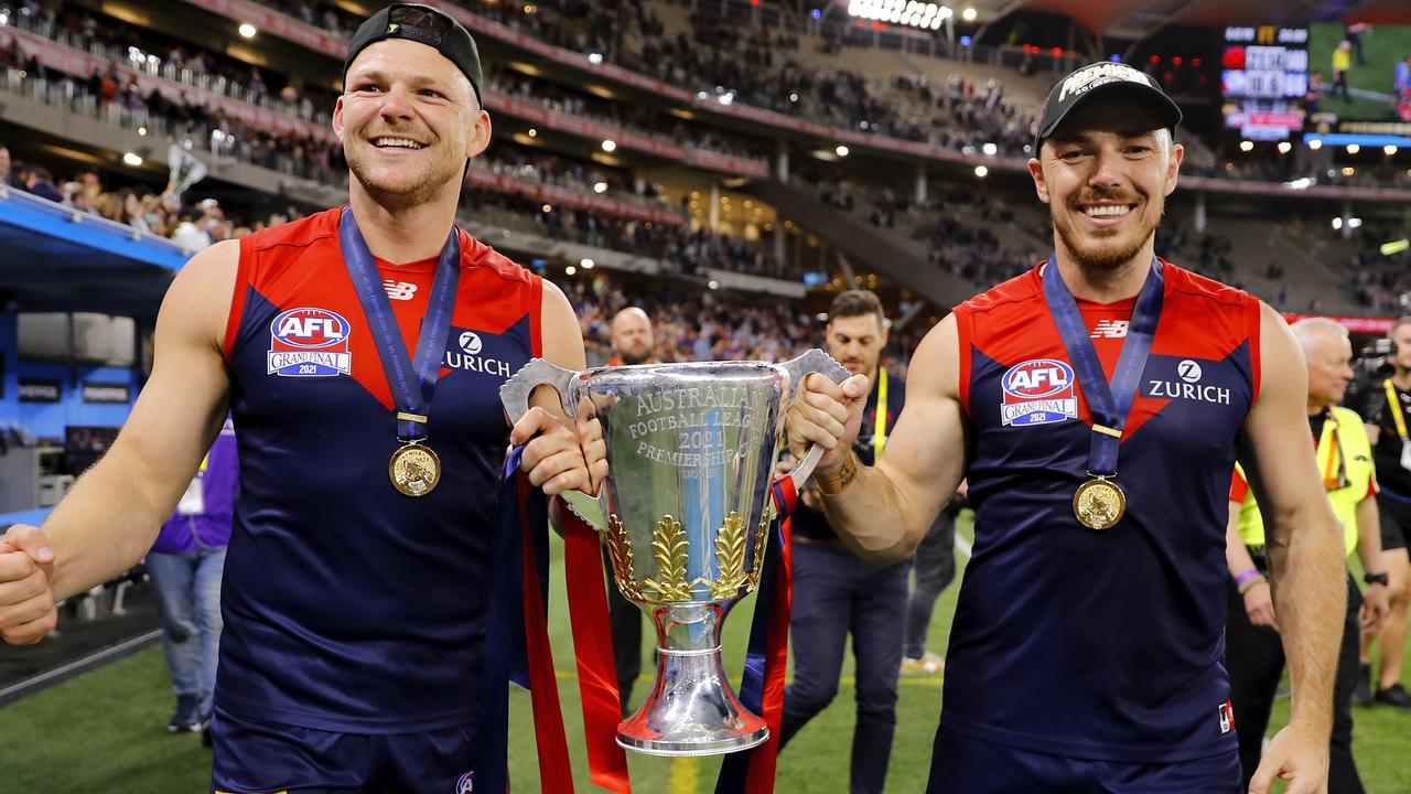 Steven May (left) played through the pain. (Photo by Dylan Burns/AFL Photos via Getty Images)