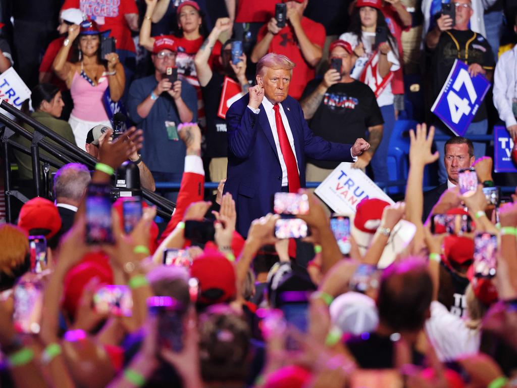 Donald Trump dances during his campaign rally at Mohegan Sun Arena in Wilkes Barre, Pennsylvania. Picture: Getty Images via AFP