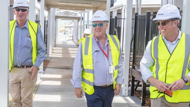 Denis Wagner, John Wagner and Deputy Premier Steven Miles at Wellcamp in December 2021. Picture: Nev Madsen