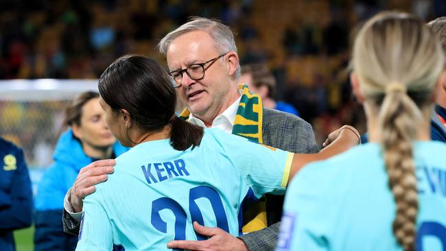 Sam Kerr hugs PM Anthony Albanese after losing the FIFA Women’s World Cup 3rd place playoff between Australia and Sweden at Suncorp Stadium in Brisbane. Pics Adam Head