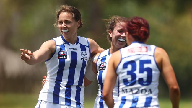 Jasmine Garner (left) is one of the stars of the AFLW competition. Picture: Mike Owen/AFL Photos/via Getty Images