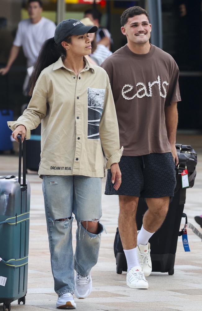 NRL star Nathan Cleary picked up his Matildas star girlfriend Mary Fowler at Sydney Airport on Tuesday night. Picture: Media Mode