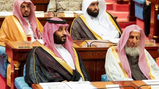 Crown Prince Mohammed bin Salman, front row on left, listens to Saudi King Salman give his annual policy speech in Riyadh. Picture: AP