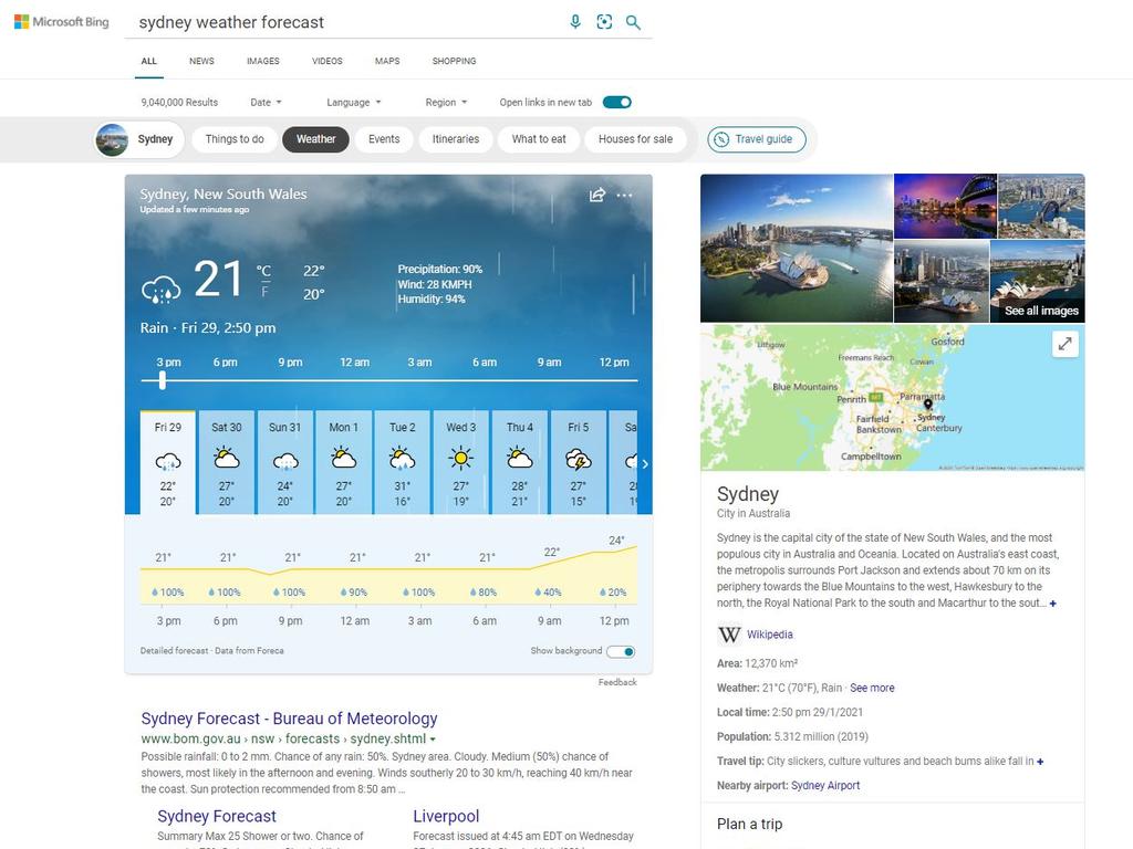 As for weather, Bing’s results look pretty cool.