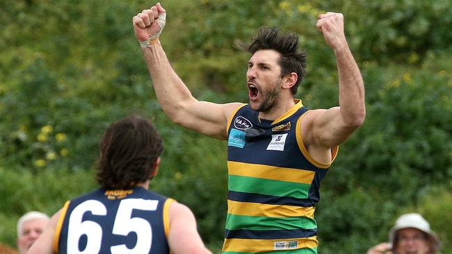 Jarrad Waite is jubilant after kicking a goal for St Kevin’s in the 2019 VAFA Premier grand final.