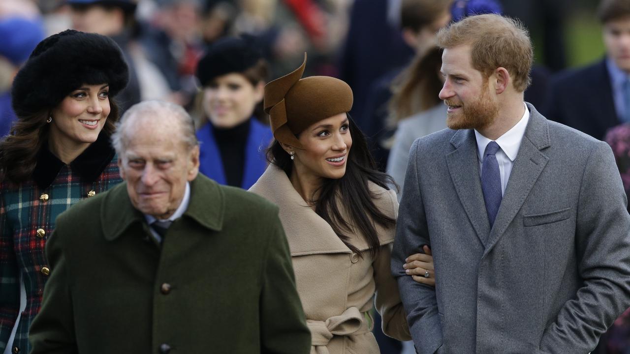 Royal tributes to Prince Philip have noticeably been absent of photos of Meghan or any recent photos of Harry. Picture: Alastair Grant/AP