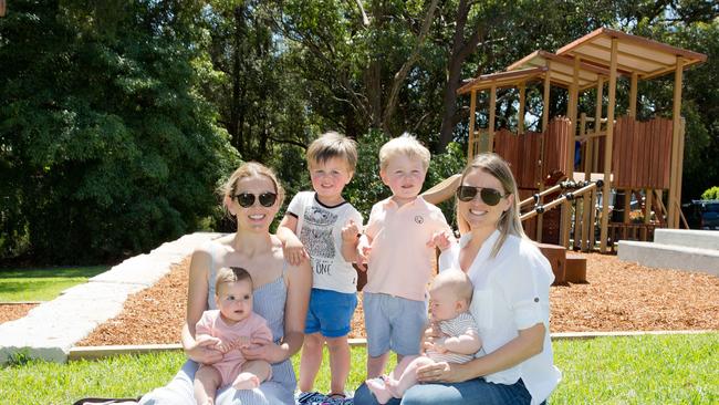George Outram, 2,(middle right) with Ari Boorer, 2, (middle left), and their mums Emma Outram (right) and Danielle Eveleigh (left)
