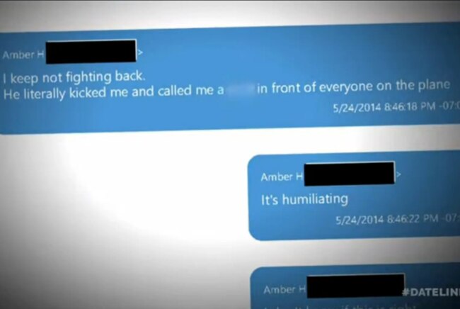 Never-before-seen texts from Heard about Depp’s alleged abuse shown Friday night. Picture: NBC