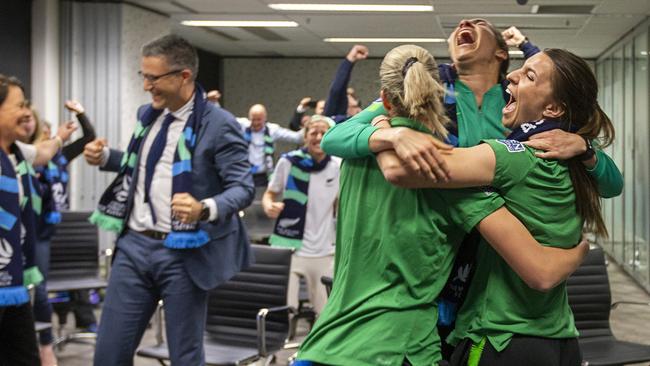 Australian soccer players Steph Catley, Alanna Kennedy and Lydia Williams react as FIFA announceS Australia as the hosts to the 2023 FIFA Women’s World Cup. Picture: Getty Images