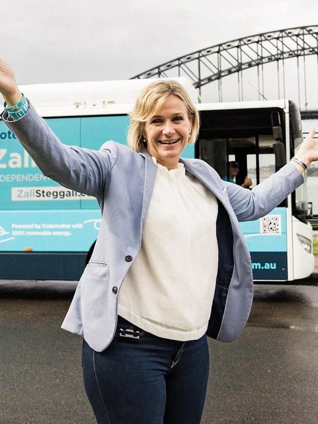 Warringah independent MP Zali Steggall with her new electric campaign bus on April 28. Picture: Supplied